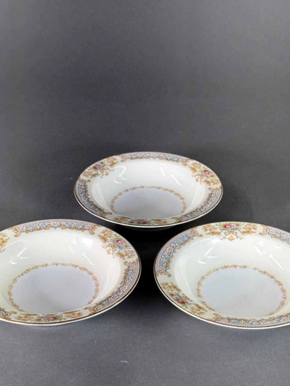 Vintage Noritake Occupied Japan Rim Soup Bowls Blue Tan Scrolls Floral Set of 3